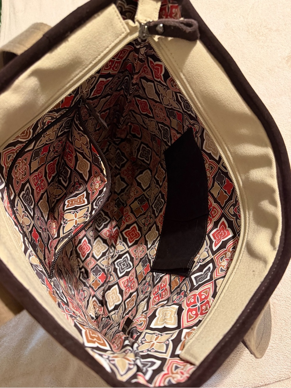 Vera Bradley Quilted Canvas Tote Bag in Cream and Brown - Picture 3 of 5